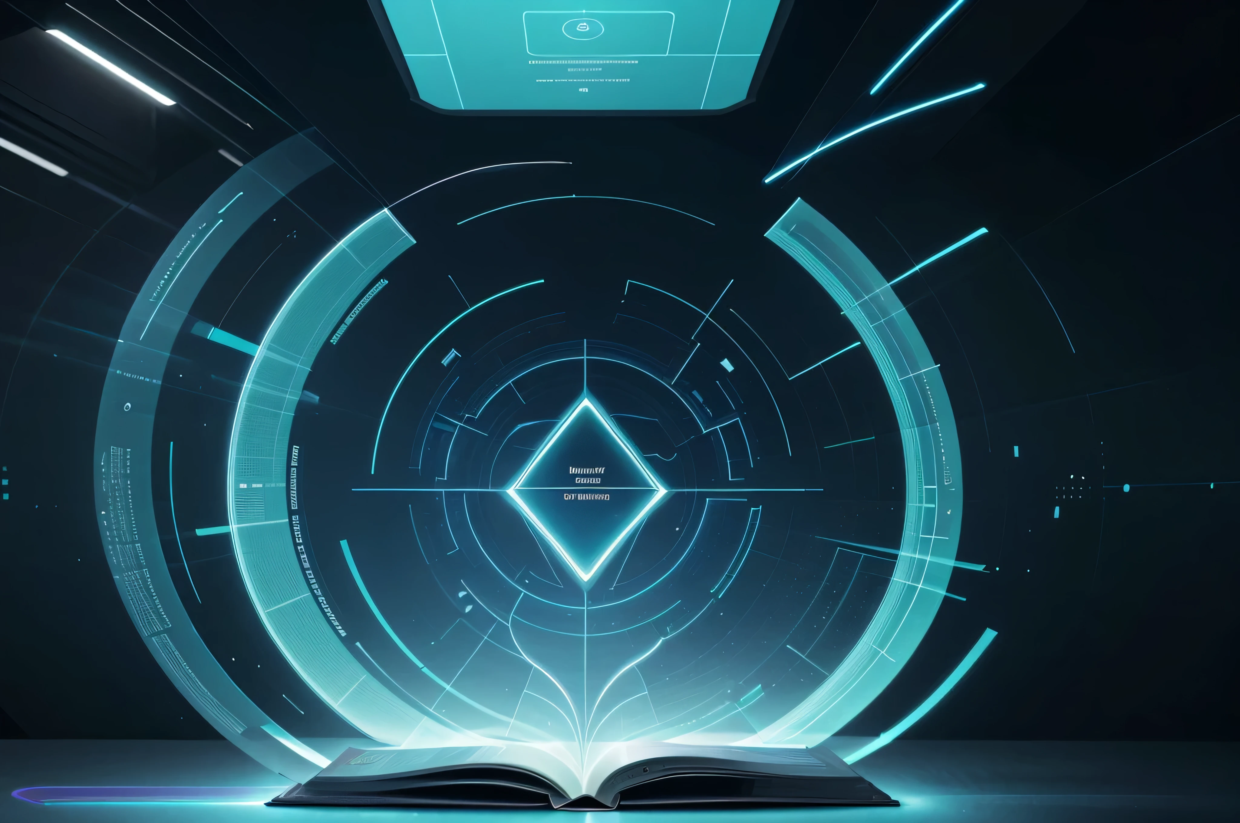 Futuristic digital book of knowledge and wisdom with a sleek, modern design. Holographic pages displaying information on various academic subjects. Floating book surrounded by glowing lines and shapes, representing an advanced online learning platform., pastel, soft tones