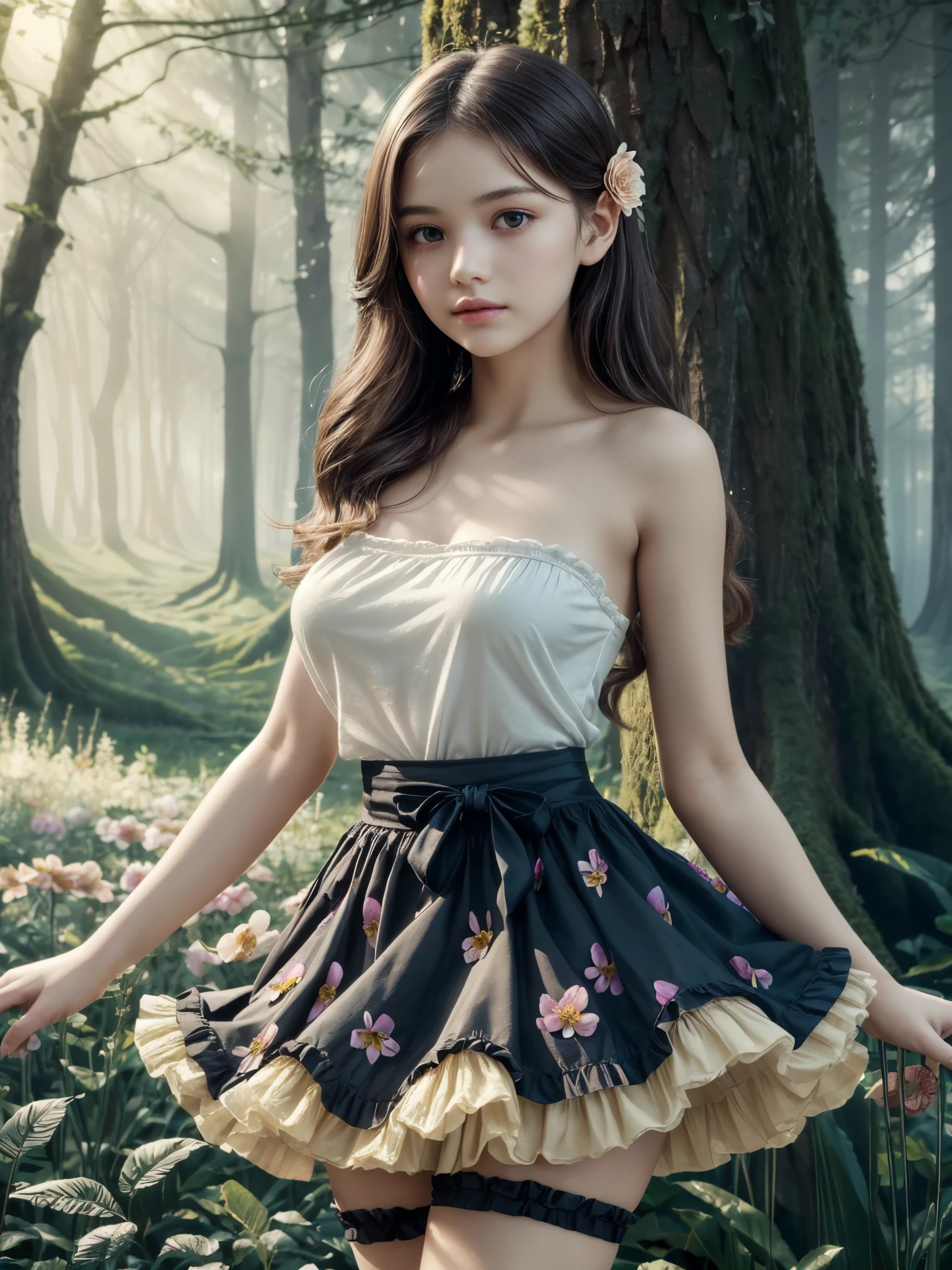 1girl, medium wide shot, (full body:0.6), (flower pattern puffy petticoat skirt:1.4), thigh, frills thigh strap, detailed face, looking at viewer, detailed hair, flower embellished hairpin, whimsical dreamlike setting, lush enchanted forest, (tyndall effect:1.2), humid, dust particles, (best quality, 4k, highres, masterpiece:1.3), scholar, naked pose, (elegant, ethereal beauty:1.2), brunette hair, (10yo, cute:1.2), (breasts:1.2),