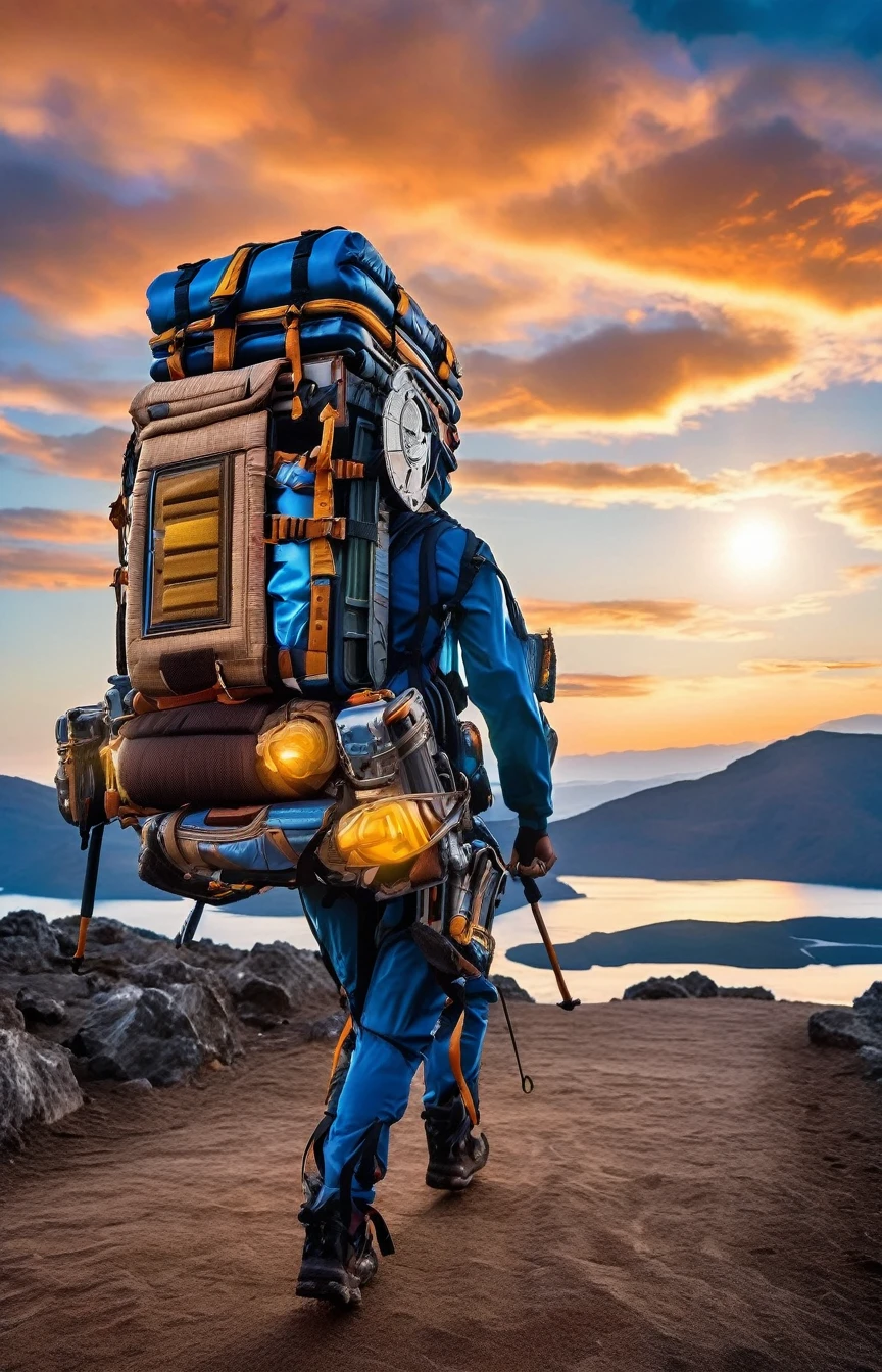 photo of close up front of woman embarks on an uphill adventure, Her back was adorned with a large futuristic backpack, twice its height.. Behind her, a vast, pristine lake unfolds, beneath a brilliant, sun-drenched sky ,moon just appeared , woman wearing with armor, (trekking poles), headgear, bpk, backpacker, (camping mat)