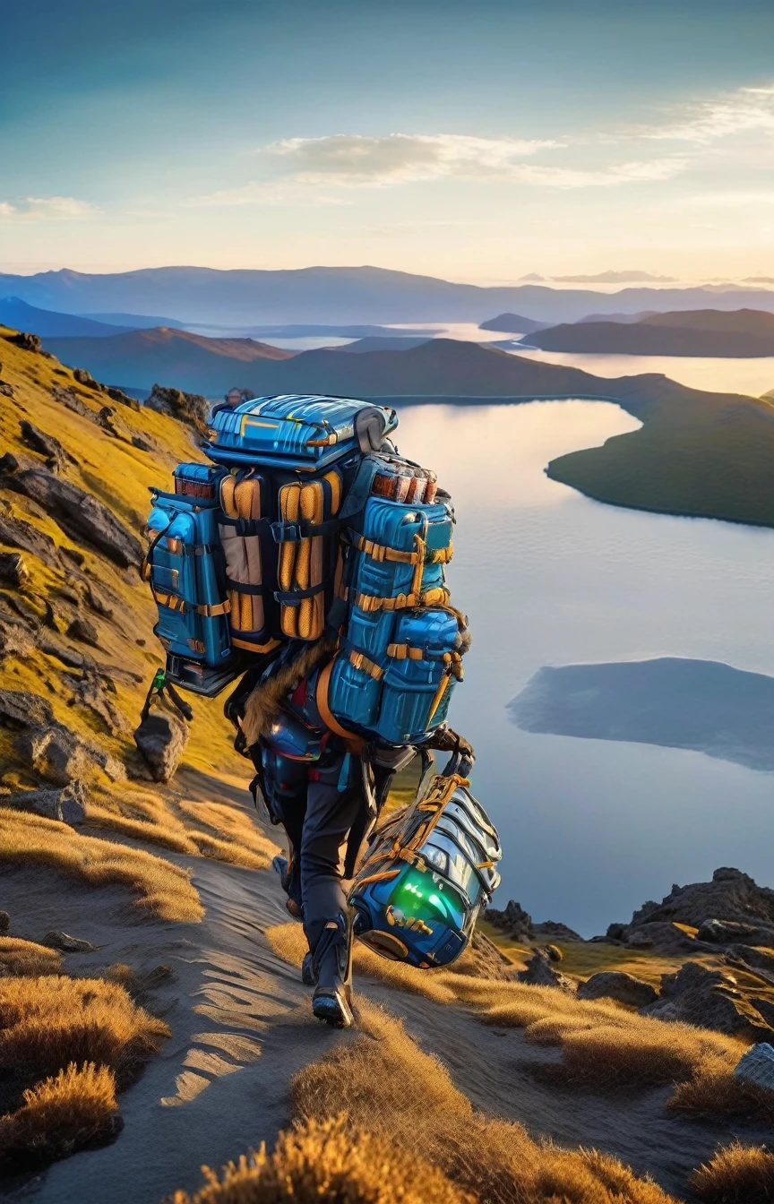 photo of close up front of woman embarks on an uphill adventure, Her back was adorned with a large futuristic backpack, twice its height.. Behind her, a vast, pristine lake unfolds, beneath a brilliant, sun-drenched sky ,moon just appeared , woman wearing with armor, (trekking poles), headgear, bpk, backpacker, (camping mat)