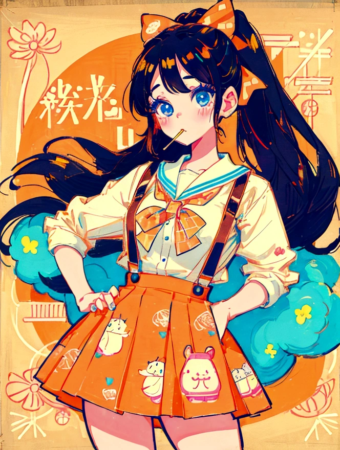 A cute girl,Anime art style,Close-up of face,Big eyes with long eyelashes,Double ponytail hairstyle,The big bow is decorated with colorful plaid,She eats a colorful lollipop in a retro dessert shop with a vintage neon sign,Surrounded by colorful desserts poster。She has blue eyes and fair skin.。She was wearing an orange suspender skirt,A bow is tied around the neck。Bright colors,Strong contrast,Kawaii punk aesthetic