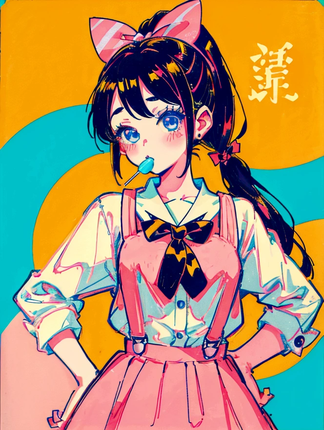 A cute girl,Anime art style,Close-up of face,Big eyes with long eyelashes,Double ponytail hairstyle,The big bow is decorated with colorful plaid,She eats a colorful lollipop in a retro dessert shop with a vintage neon sign,Surrounded by colorful desserts poster。She has blue eyes and fair skin.。She was wearing an orange suspender skirt,A bow is tied around the neck。Bright colors,Strong contrast,Kawaii punk aesthetic
