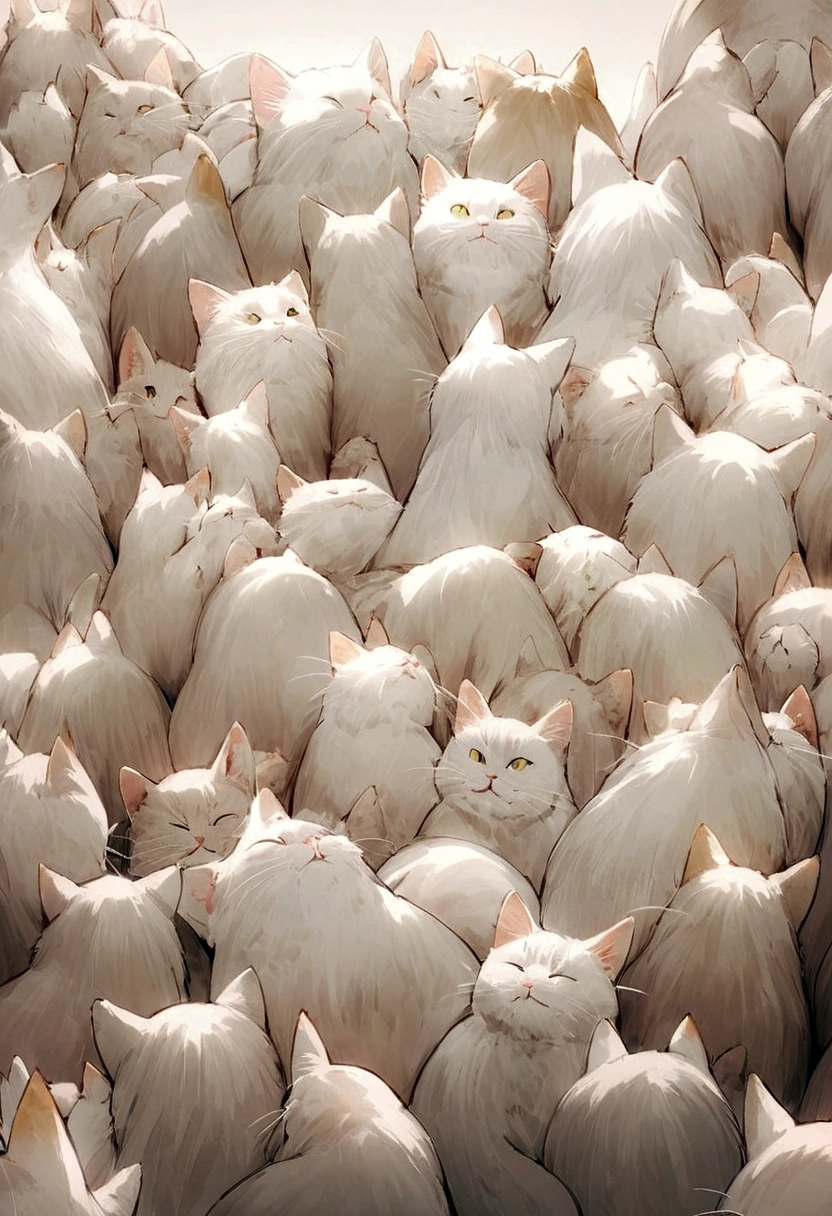 A lot of cats,Stacked on top of each othell the screen,Hyper-exposure
