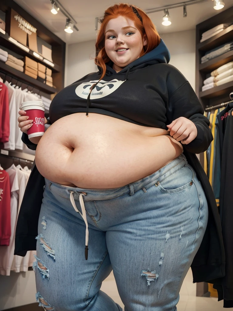 A happy photo of a young cute redhead bbw with long wavy ginger hair, huge soft fat belly, wide fat obese hips, thick fat legs and fat arms, cute pretty face, small breasts, blue eyes, freckles, in a cute tight hoodie with a little belly showing under it, and long ripped jeans trousers, shopping new hoodies in a clothes shop