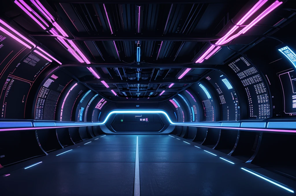 Abstract neon lights into digital technology tunnel. Futuristic technology abstract background with lines for network, big data, data center, server, internet, speed. 3D render