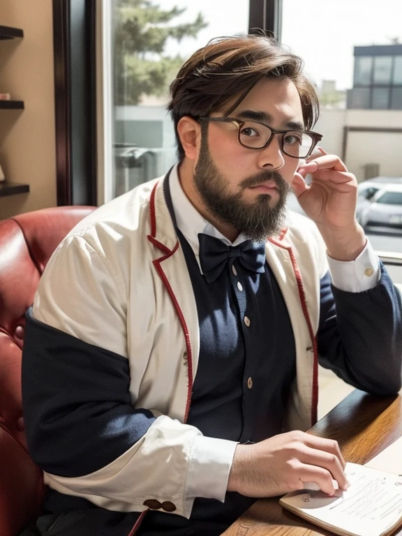 (yossan), Glasses, beard, (Black-rimmed glasses), Brown eyes, fat, very aesthetic, 1 boy, (red bowtie), blue jacket, white shirt, blue shorts,Modern Office, Natural light through the window, Stylish desk, computer, Elegant posture, Confident expression