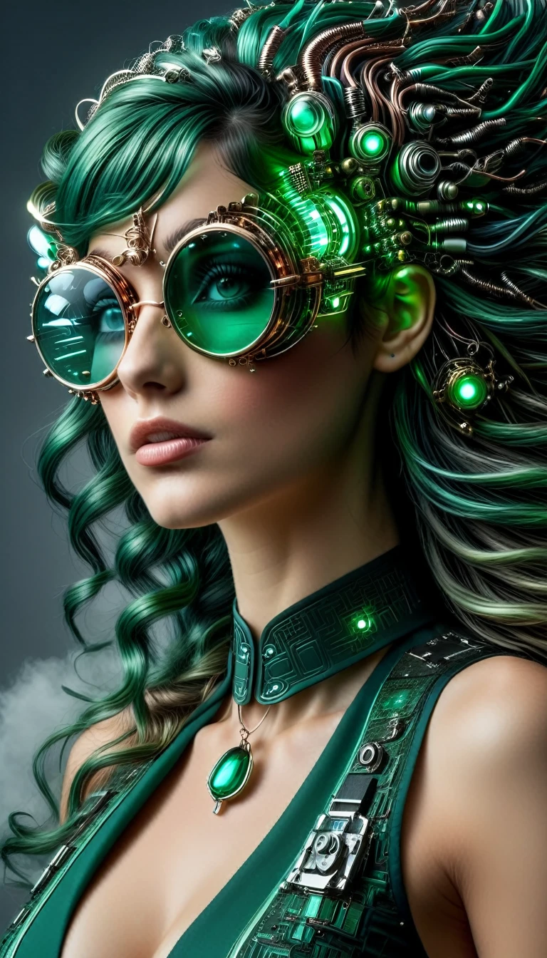 Un portrait hyperréaliste d’une sublime femme heureuse aux longs cheveux vert sombre foncé, portant une robe en dentelle blanche avec des accessoires steampunk, (elle porte des lunettes formées d'éléments circuitrytech : 1.8, ((lunettes de forme fractales avec un système complexe formé de loups et d’accessoires circuitrytech)),système très détaillé), cheveux_très_longs, situé dans une pièce de style victorien avec des éléments mécaniques, poitrine décolletée effet push-up , regard intense et sensuel 