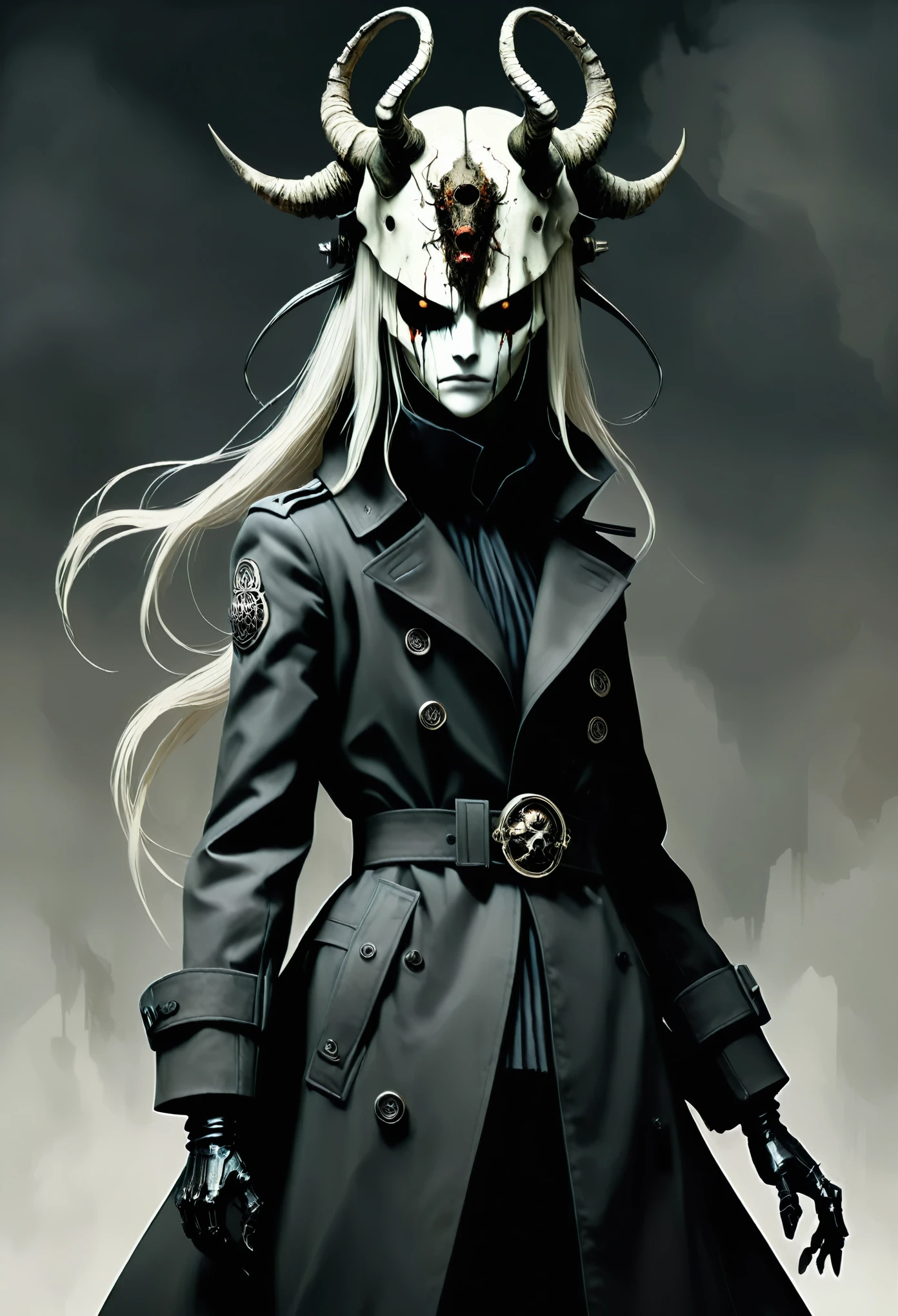 in style of Ashley Wood,in style of Santiago Caruso, ((masterpiece, best quality)),(illustration),(detailedLight),((Extremely exquisite and beautiful)),1 Girl,Black long trench coat,White shirt,Long hair,Silver long hair,Dark shadows,oni_mask, colorful，