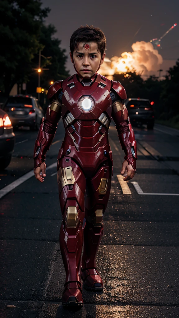 A 3 year old iron man boy without a head covering is walking , background of a nighttime highway and a burning car, real photo, professional photo, realistic photo, clear photo, full HD, 4k