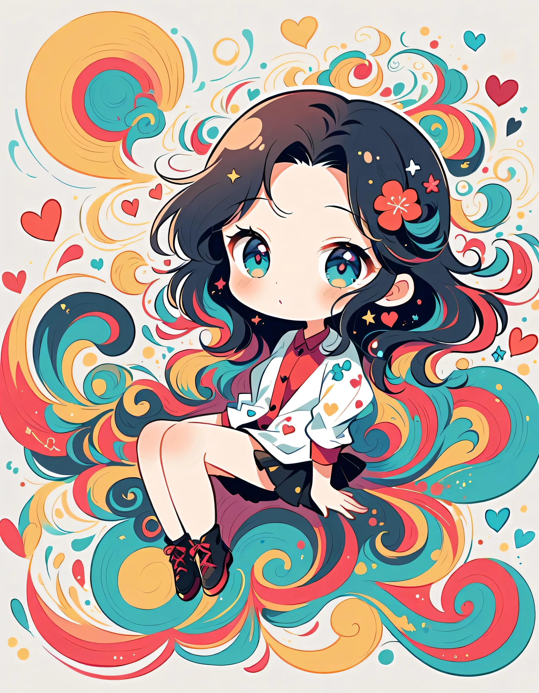 Black Star Red and White style, Simple Line Initialism,Abstract art,Urban Background, colorful hearts ,(((The most beautiful girl of all time))), (((chibi))),