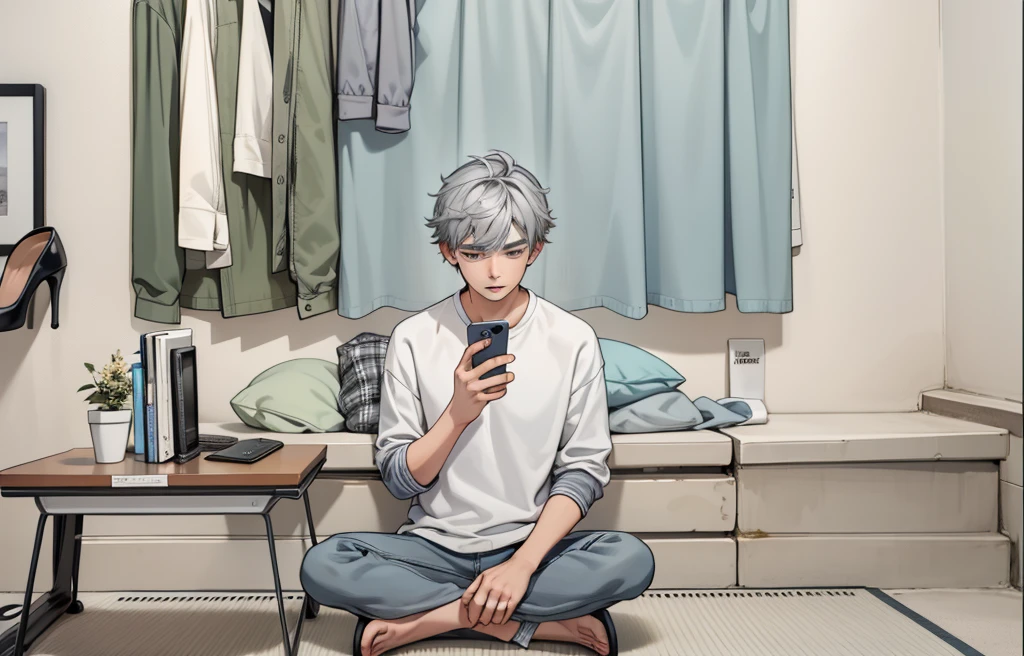 a young man of with gray hair is looking at his hands he has a cell phone