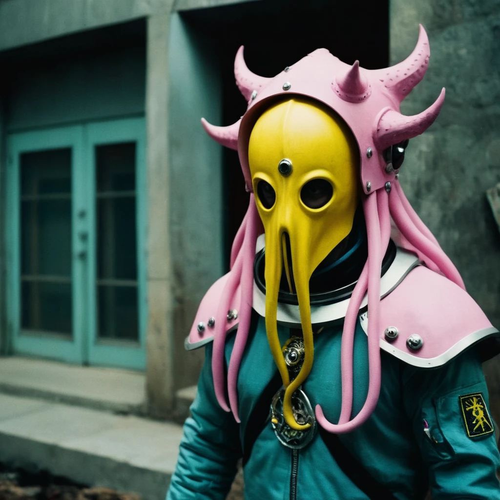 Horror-themed,  In an ancient and mysterious city a person wearing a yellow helmet with pink dark spikes on it carcosa city style, Don Bluth Style ASTRONAUT Cthulhu yellow Toon Doll, full body RAW candid cinema, cyan hair, 16mm, color graded portra 400 film, Eerie, unsettling, dark, spooky, suspenseful, grim, highly detailed, titanium decorative headdress, cinematic, trending on artstation | Isometric | Centered