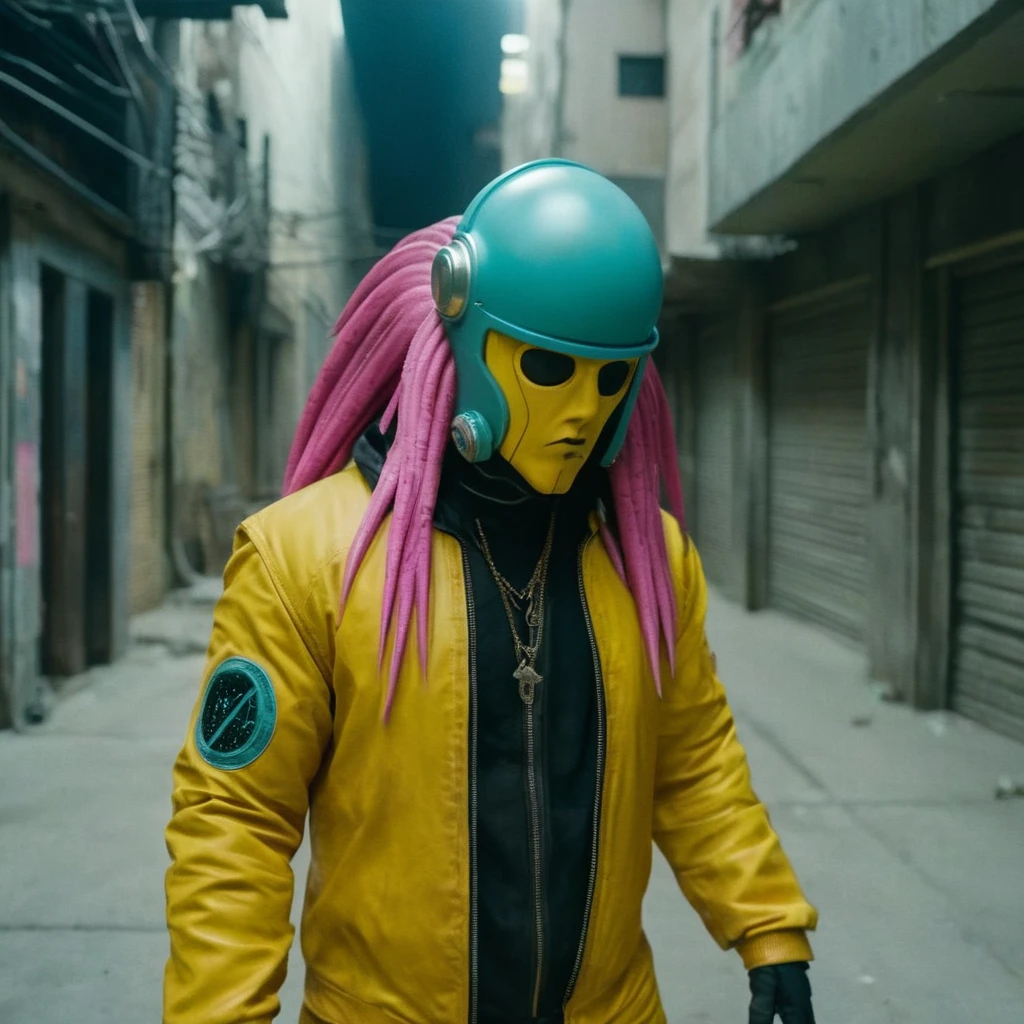 Horror-themed,  In an ancient and mysterious city a person wearing a yellow helmet with pink dark spikes on it carcosa city style, Don Bluth Style ASTRONAUT Cthulhu yellow Toon Doll, full body RAW candid cinema, cyan hair, 16mm, color graded portra 400 film, Eerie, unsettling, dark, spooky, suspenseful, grim, highly detailed, titanium decorative headdress, cinematic, trending on artstation | Isometric | Centered