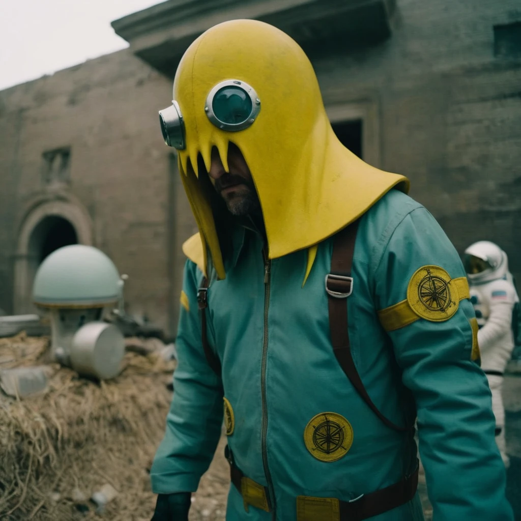 Horror-themed,  In an ancient and mysterious city a person wearing a yellow helmet with yellow spikes on it carcosa city style, Don Bluth Style ASTRONAUT Cthulhu yellow Toon Doll, full body RAW candid cinema, cyan hair, 16mm, color graded portra 400 film, Eerie, unsettling, dark, spooky, suspenseful, grim, highly detailed