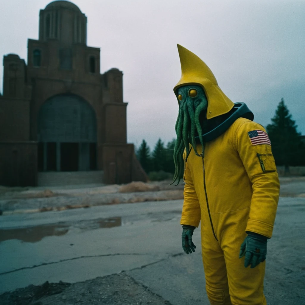 Horror-themed,  In an ancient and mysterious city a person wearing a yellow helmet with yellow spikes on it carcosa city style, Don Bluth Style ASTRONAUT Cthulhu yellow Toon Doll, full body RAW candid cinema, cyan hair, 16mm, color graded portra 400 film, Eerie, unsettling, dark, spooky, suspenseful, grim, highly detailed