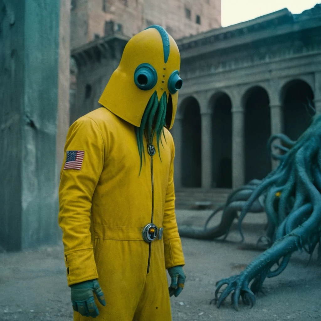 Horror-themed, In an ancient and mysterious city a person wearing a yellow helmet with yellow spikes on it carcosa city style, Don Bluth Style ASTRONAUT Cthulhu yellow Toon Doll, full body RAW candid cinema, cyan hair, 16mm, color graded portra 400 film, Eerie, unsettling, dark, spooky, suspenseful, grim, highly detailed