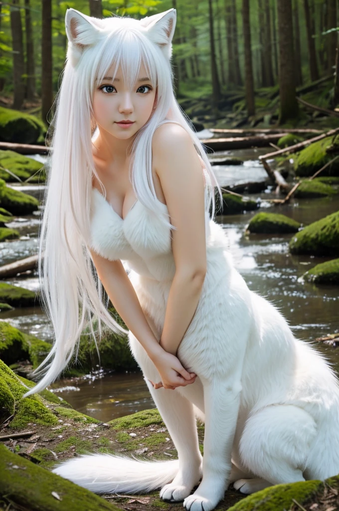 a cute young e-girl with white fox features doing vore,in a beautiful natural environment, anime style