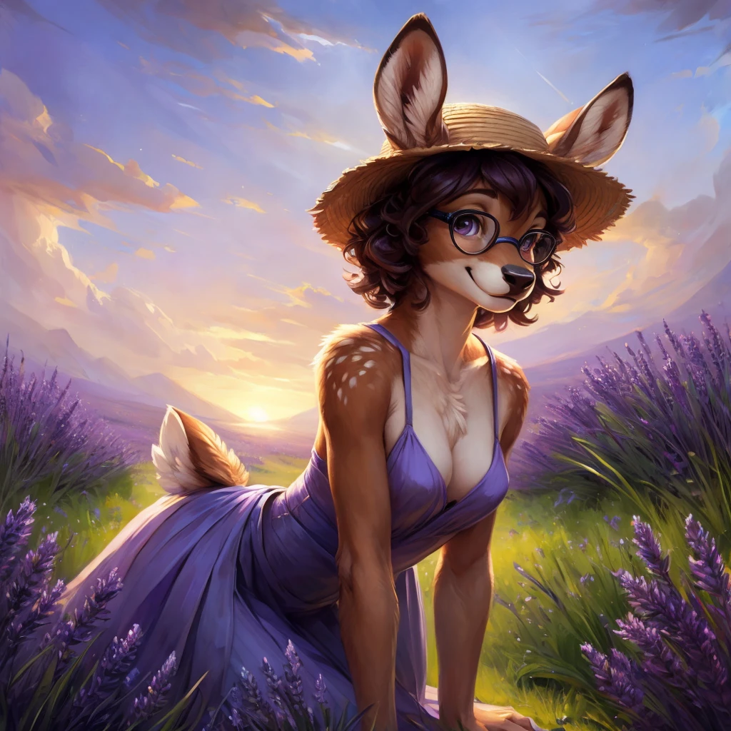 uploaded on e621, by Pixelsketcher, by Bayard Wu, by Thomas Benjamin Kennington , by Einshelm, by hioshiru and kenket, Chunie, portrait, solo anthro female deer doe, with small featureless breasts, clear dark blue, cinematic lighting, day, sunny day, lavender field, stays in a lavender field, lavender field background, mediterranean background, horizon background, shiny, short curly dark brown hair, wears big black nerd glasses, very very beautiful furry art, furry art, smiling, joyful, shiny, happy, feminine, cute face, muzzle, fluffy chest, flawless face, Fallow deer, 1girl, Sakimichan is beautiful, Masterpiece, Wavethesallow Face, shiny, Detailed image, portrait, Detailed image, portrait, full body, wearing pure white and wide spaghetti straps dress, wearing big and wide beige summer straw hat, shiny, realistic face, perfect anatomy, hourglass body, (furry body:1.1), anthropomorphic deer, looks at the viewer, small fluffy tail, detailed background, (cute anatomy:1.1), stands in a lavender field
