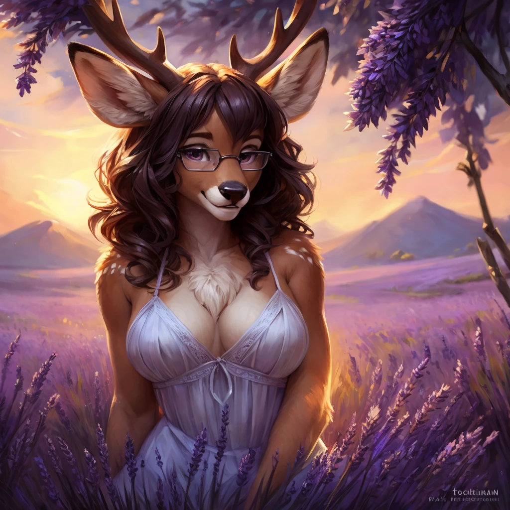 uploaded on e621, by Pixelsketcher, by Bayard Wu, by Thomas Benjamin Kennington , by Einshelm, by hioshiru and kenket, Chunie, portrait, solo anthro female deer doe, with small featureless breasts, clear dark blue, cinematic lighting, day, sunny day, lavender field, stays in a lavender field, lavender field background, mediterranean background, horizon background, shiny, short curly dark brown hair, wears big black nerd glasses, very very beautiful furry art, furry art, smiling, joyful, shiny, happy, feminine, cute face, muzzle, fluffy chest, flawless face, Fallow deer, 1girl, Sakimichan is beautiful, Masterpiece, Wavethesallow Face, shiny, Detailed image, portrait, Detailed image, portrait, full body, wearing pure white and wide spaghetti straps dress, wearing big and wide beige summer straw hat, shiny, realistic face, perfect anatomy, hourglass body, (furry body:1.1), anthropomorphic deer, looks at the viewer, small fluffy tail, detailed background, (cute anatomy:1.1), stands in a lavender field
