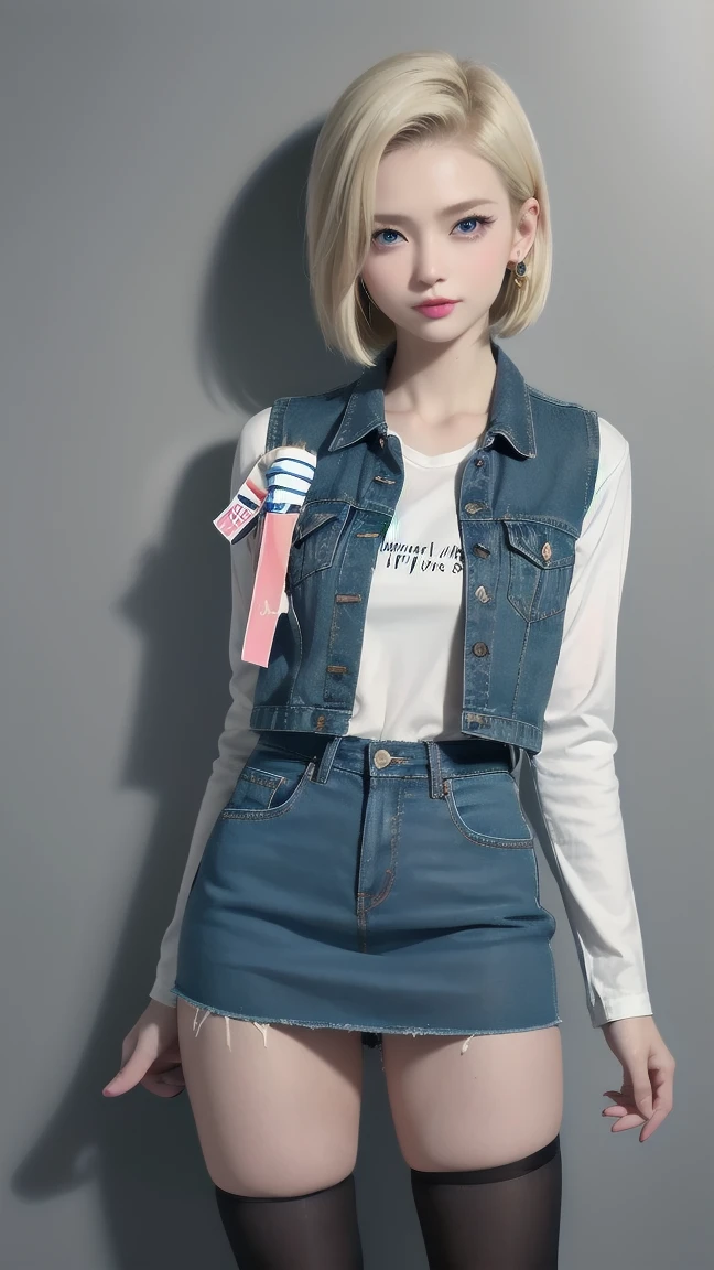 wallpaper,32k,Android 18, Blonde hair, blue eyes, eyelash, earrings, short hair, earrings带, shirt, 胸前的pocket, (Pantyhose),clavicle,Fierce eyes, denim, denim 裙子, high waist skirt, Jewelry, Long sleeve, pocket, shirt, ((eternal)), ((Happy and shy)), shirt tucked in 裙子, stripe, stripe袖子, Vest, Japanese Attractions Background