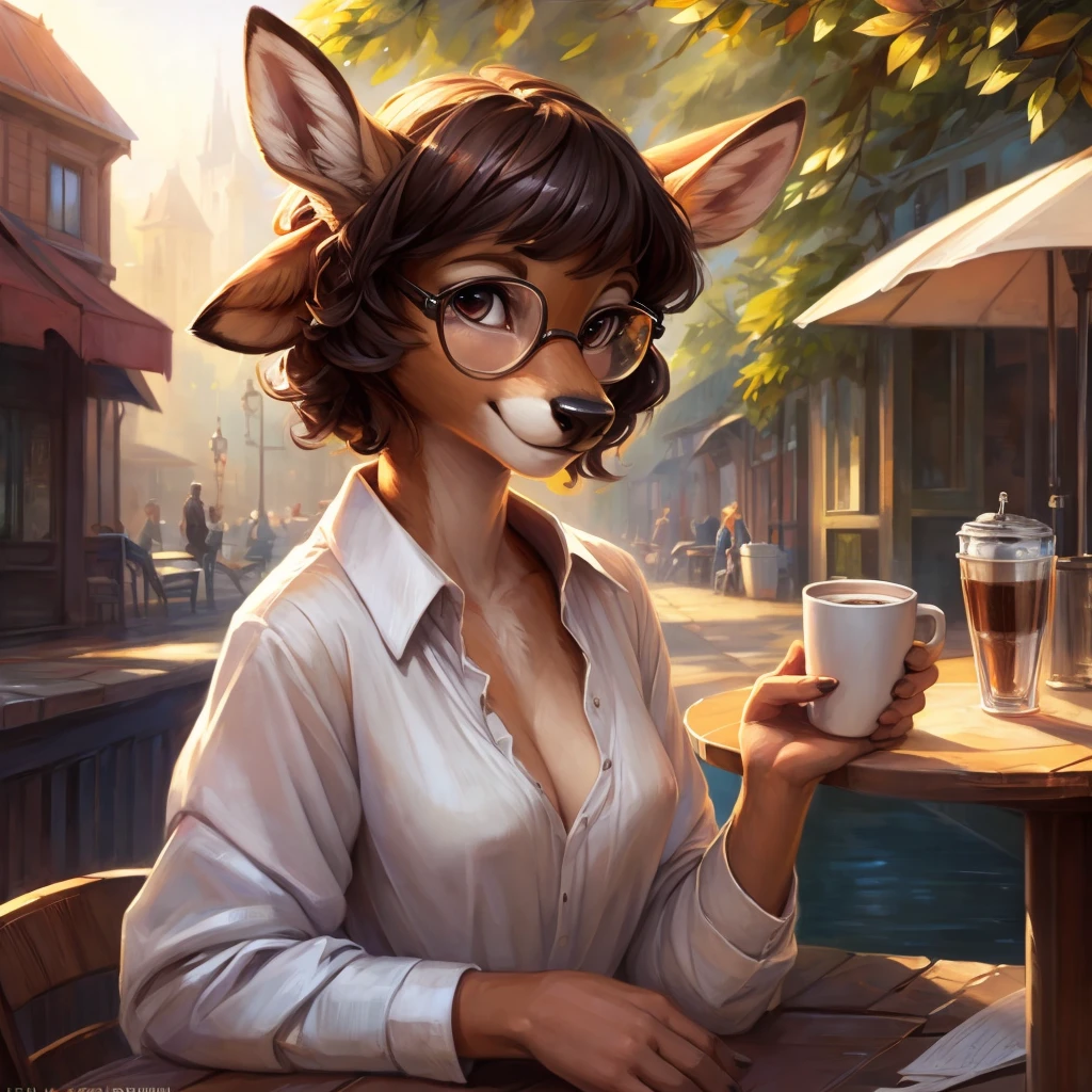uploaded on e621, by Pixelsketcher, by Bayard Wu, by Thomas Benjamin Kennington , by Einshelm, by hioshiru and kenket, Chunie, portrait, solo anthro female deer doe, tiny featureless breasts, tiny breasts, clear dark blue, cinematic lighting, day, sunny day, sitting outside at a café, café background, french background, old french background, shiny, short curly dark brown hair, short hair, wears big black nerd glasses, very very beautiful furry art, furry art, thoughtful, shiny, feminine, cute face, muzzle, fluffy chest, flawless face, Fallow deer, 1girl, Sakimichan is beautiful, Masterpiece, Wavethesallow Face, shiny, Detailed image, portrait, Detailed image, portrait, wears pure white wide, big blouse, wears beige summer straw hat, shiny, realistic face, perfect anatomy, hourglass body, anthropomorphic deer, happy, very happy, small ears, huge black nerd glasses, wide happy eyes, look at viewer, smiles, big smile, holds with both hands a cup of coffee, hourglass body, (furry body:1.1), anthropomorphic deer, small fluffy tail, detailed background, (cute anatomy:1.1), looks into the distance