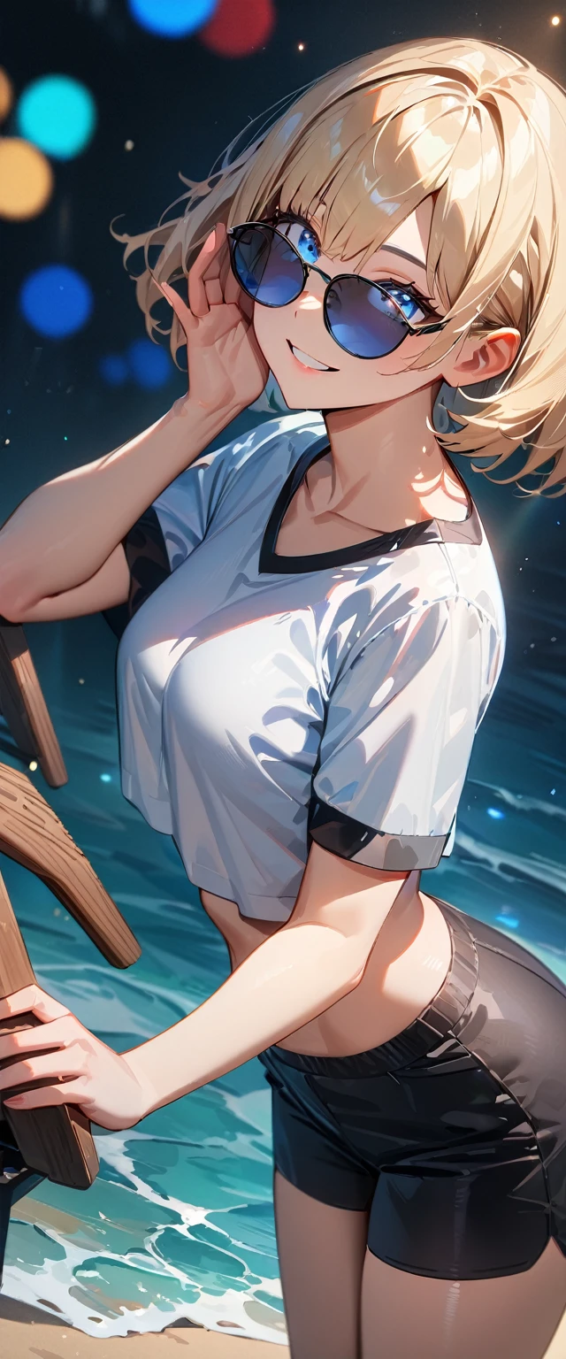 (((One girl))), ((beach)), blond hair, bob cut, breasts, from front, (cowboy shot), standard body, (looking at viewer), ((black shorts)), ((black crop top overhang)), short sleeves, ((sunglasses)), hand to sunglasses, midriff peek, teenager, head tilt:1.3, (((blue eye))), ((happy smile)), anime style, (best quality, 4k, 8k, highres, masterpiece:1.2, ultra-detailed, ultra-detailed eyes, HDR, UHD, studio lighting, ultra-fine painting, sharp focus, physically-based rendering, extreme detail description, professional, vivid colors, bokeh), ((Highest quality, Best image quality, Ultra-high resolution, Ultra-high resolution, solo, Strong eye highlights)), Depth of written boundary, Natural soft light, attractive, Beautiful Face, Cleanliness, Pure Face, nedium chest, Beautiful Face, Perfect Fingers, Perfect hands, Perfect body, Perfect Face, Shine a light into your eyes, Perfect Anatomy