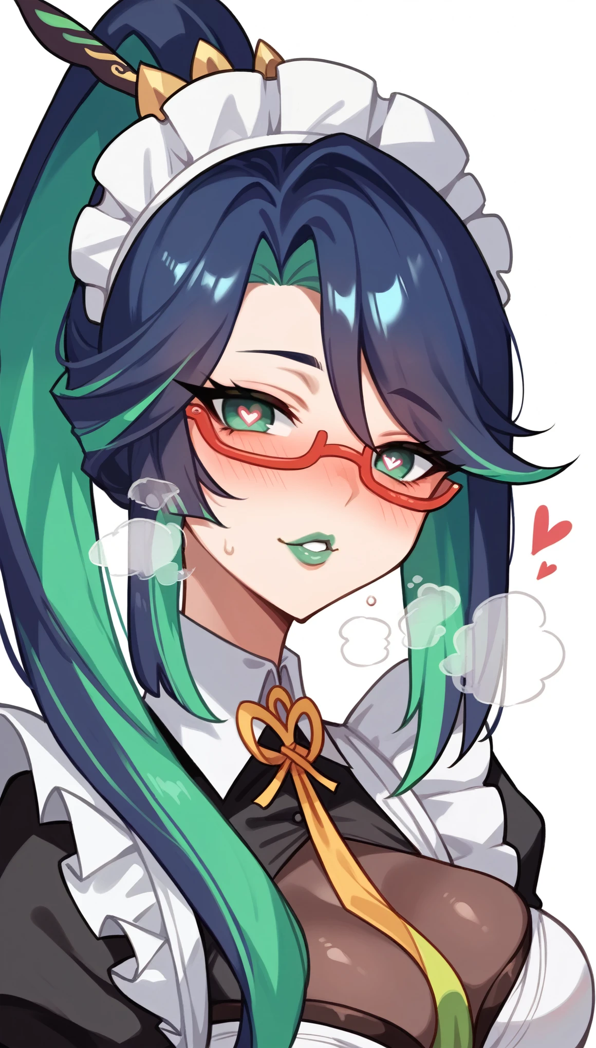 A female,green lip gloss, streaked hair, long ponytail, shiny hair, maid headdress, red over-rim eyewear, heart-shaped pupils, blush, parted lips, seductive smile, heavy breathing, framed, tachi-e, stereogram, UHD, textured skin, masterpiece, highres, 16k, 1080P，Upper focus
