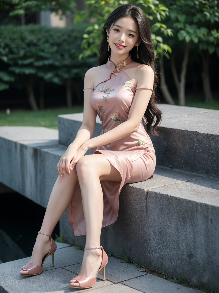 最high quality, 8K, Masseter area, Full of energy, Be focused, high quality, high resolution, Delicate face, Fine particles, thick lips, (Looking at the audience), solitary, Beautiful woman, 25 years old,Full figure， Plum, Black long hair,  (Light-colored one-shoulder cheongsam dress:1.5)，night，Without sunlight，In front of the park garden,（Sitting on a stone chair in the park：1.5）、blur background，((Smile:1.5))、((Wearing black high heels))，High target，Gentle and intellectual