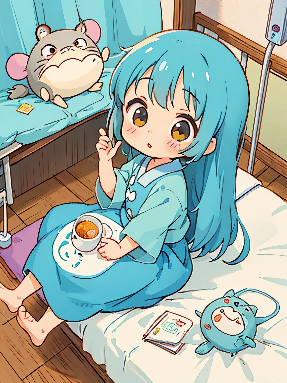 Hayao Miyazaki style、Kawaii Design, The most beautiful girl of all time, chibi, dinner, hospital bed, totoro