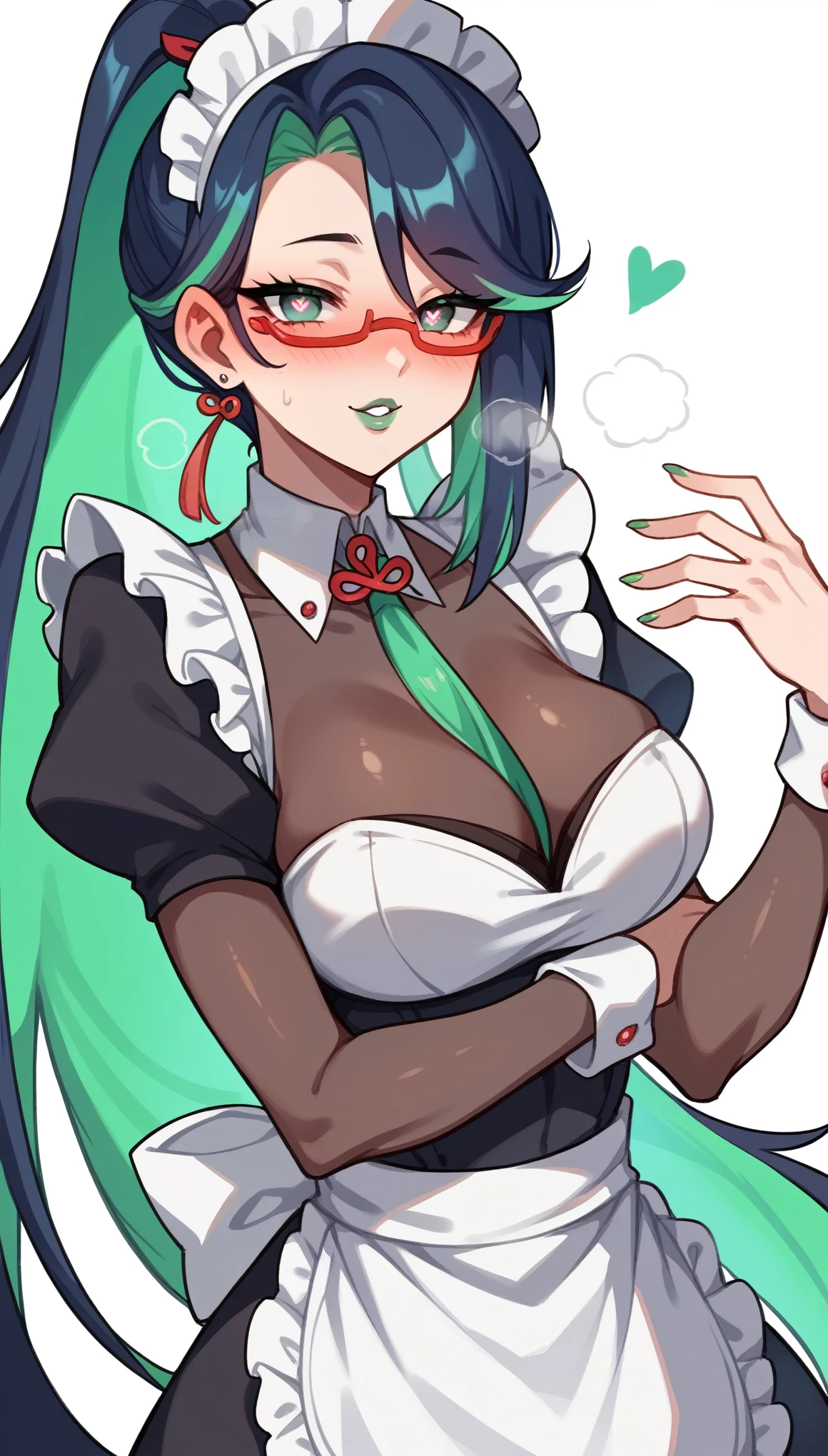 A female,green lip gloss, streaked hair, long ponytail, shiny hair, maid headdress, red over-rim eyewear, heart-shaped pupils, blush, parted lips, seductive smile, heavy breathing, framed, tachi-e, stereogram, UHD, textured skin, masterpiece, highres, 16k, 1080P，Upper focus
