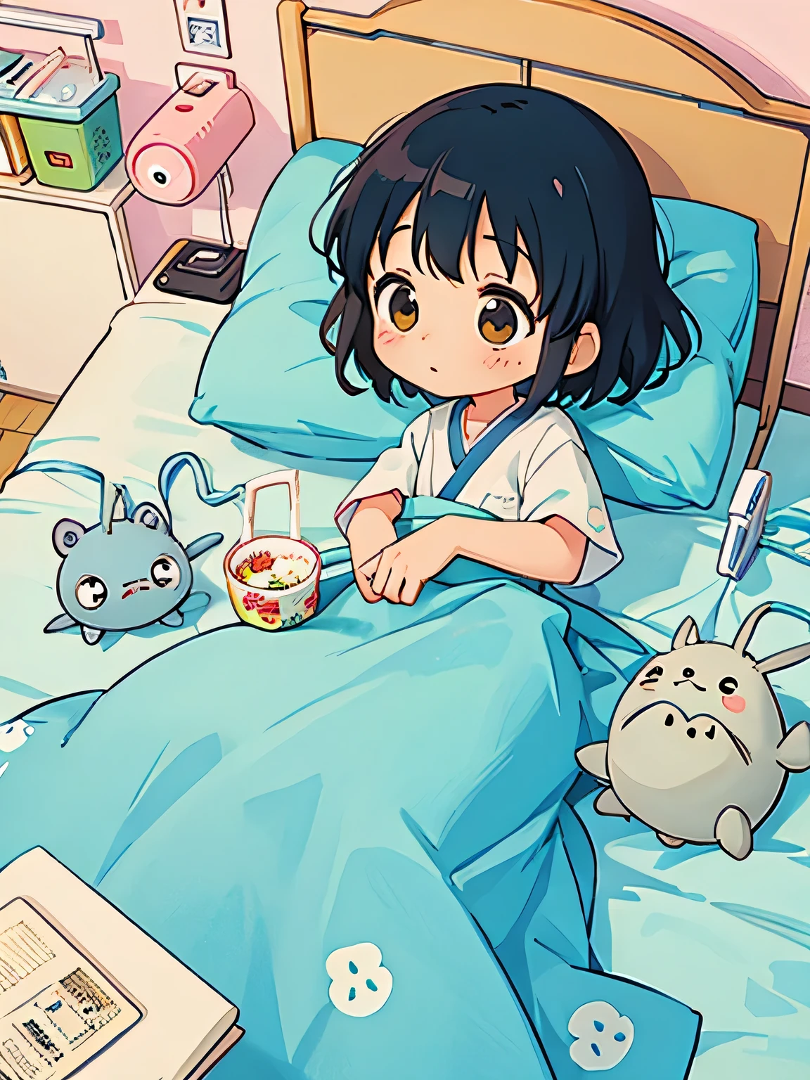 Hayao Miyazaki style、Kawaii Design, The most beautiful girl of all time, chibi, dinner, hospital bed, totoro