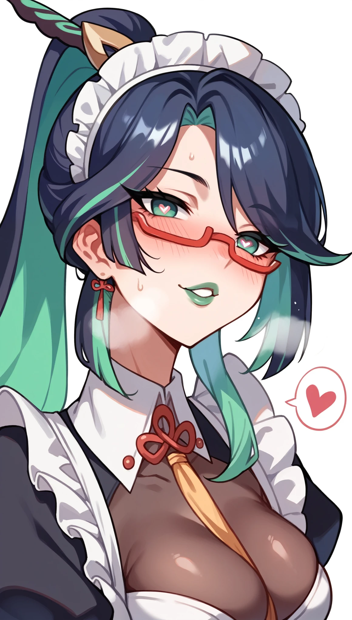 A female,green lip gloss, streaked hair, long ponytail, shiny hair, maid headdress, red over-rim eyewear, heart-shaped pupils, blush, parted lips, seductive smile, heavy breathing, framed, tachi-e, stereogram, UHD, textured skin, masterpiece, highres, 16k, 1080P，Upper focus
