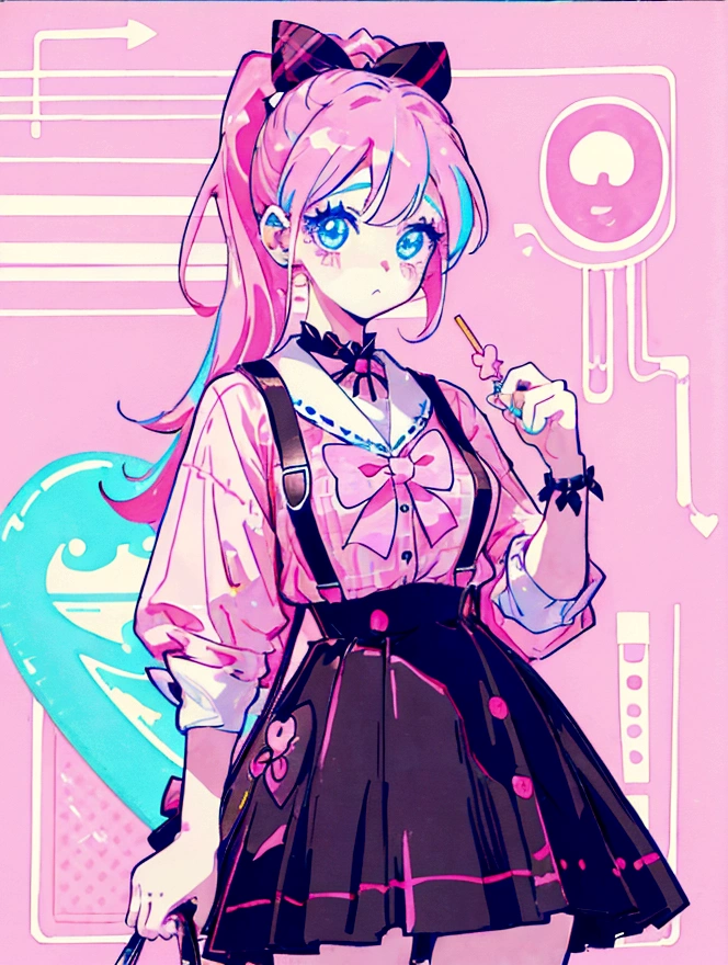 A cute girl,Anime art style,Close-up of face,Big eyes with long eyelashes,Double ponytail hairstyle,The big bow is decorated with colorful plaid,Extra large colorful lollipop,She's in a retro dessert shop with a vintage neon sign,Surrounded by colorful desserts poster。She has blue eyes and fair skin.。She was wearing a pink suspender skirt,A bow is tied around the neck,Lolita,Bright colors,Strong contrast,Kawaii punk aesthetic