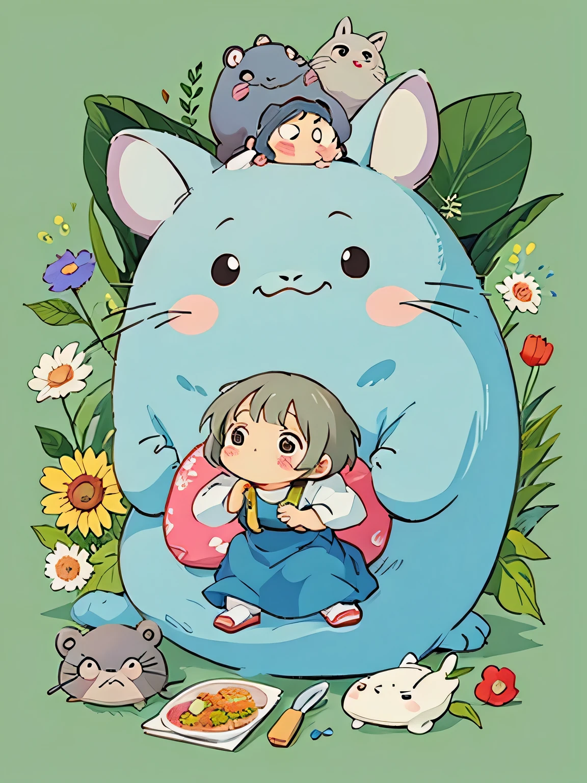 Hayao Miyazaki style、Kawaii Design, The most beautiful girl of all time, chibi, dinner, hospital bed, totoro