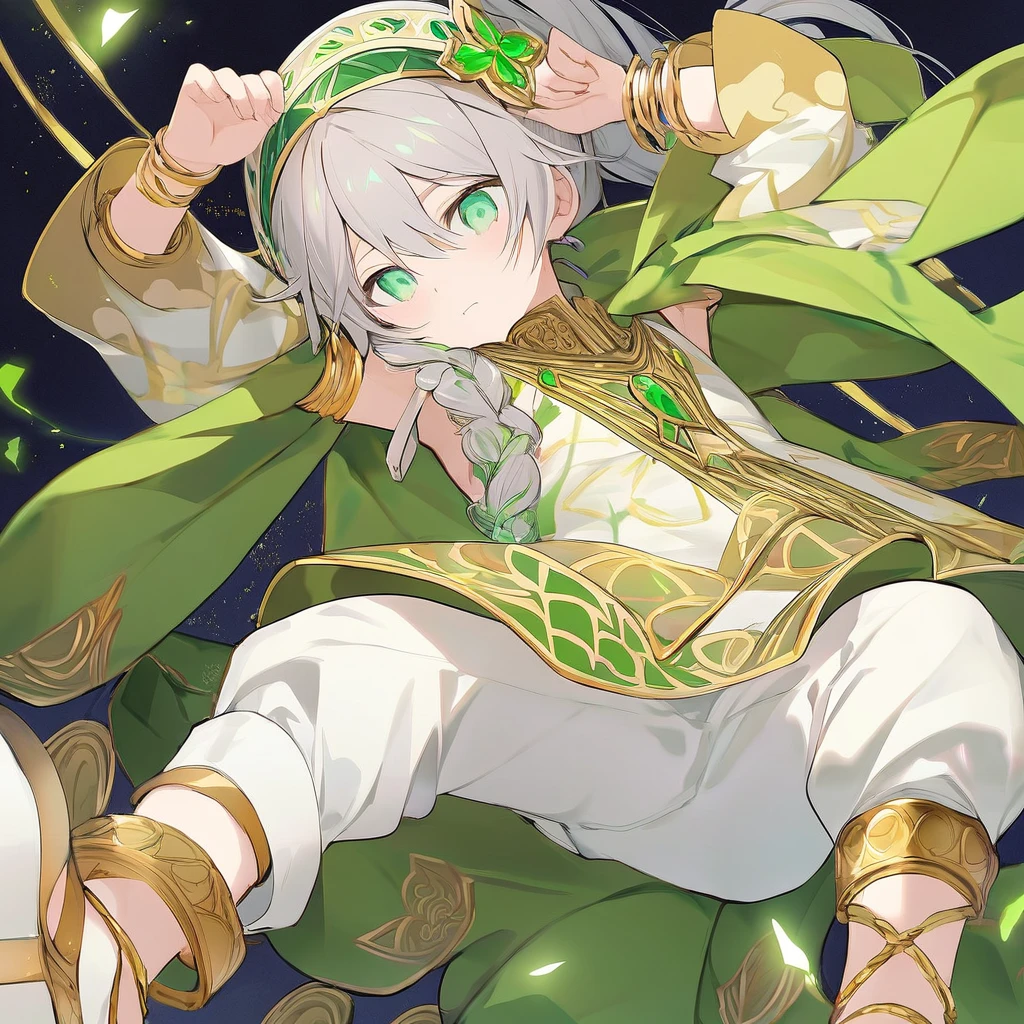 A boy appears as a fair-skinned young boy with gray hair styled in a side braid and a ponytail. He has large green eyes and wears a large green headdress on one side of his head, which is also framed by uneven bangs. Additionally, he has flawless, perfect fingers and hands. Nahida's attire consists of a white dress adorned with green and gold details, loose sleeves of patterned green fabric, and a gold bracelet on his right wrist. His dress is embellished with various green gems and decorated with intricate golden patterns. Underneath, he wears white trousers. On his back, he wears a split pale green cloak and white sandals surrounded by gold that expose his toes.