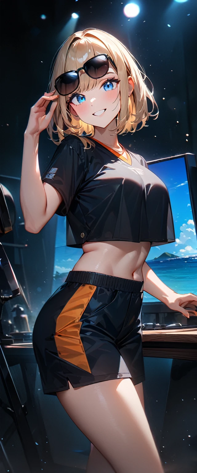 (((One girl))), beach, blond hair, bob cut, breasts, from front, (cowboy shot), standard body, (looking at viewer), ((black shorts)), ((black crop top overhang)), short sleeves, ((sunglasses)), hand to sunglasses, midriff peek, teenager, head tilt:1.3, (((blue eye))), ((happy smile)), anime style, (best quality, 4k, 8k, highres, masterpiece:1.2, ultra-detailed, ultra-detailed eyes, HDR, UHD, studio lighting, ultra-fine painting, sharp focus, physically-based rendering, extreme detail description, professional, vivid colors, bokeh), ((Highest quality, Best image quality, Ultra-high resolution, Ultra-high resolution, solo, Strong eye highlights)), Depth of written boundary, Natural soft light, attractive, Beautiful Face, Cleanliness, Pure Face, nedium chest, Beautiful Face, Perfect Fingers, Perfect hands, Perfect body, Perfect Face, Shine a light into your eyes, Perfect Anatomy