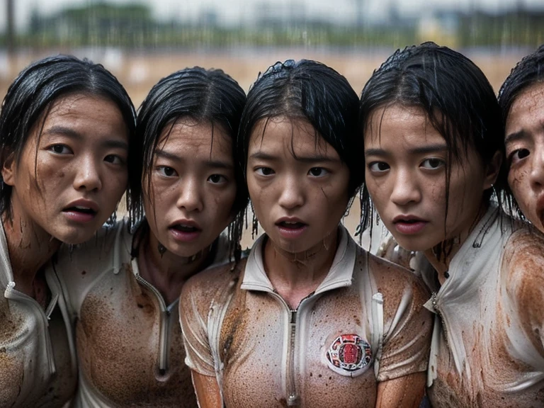 (A plain white short sleeved dirt stained field hockey uniform with a very tight white half zip:1.7)、(A large, dirt-stained, white, square collar: 1.6)、(Red clay ground:1.5)、My hair is wet and messy、(Beautiful Japanese woman covered in dirt:2.4)、Highest quality, masterpiece, Ultra-high resolution, Photorealistic, Raw Photos,Detailed face,(All women with muscular arms:2.0), (Fastener open: 1.8), (Upper body zoom up:1.0),(Everyone wears the same clothes:1.0), All members are super beauties, (Group photo of beautiful Japanese women standing huddled together: 1.5), (Hair tied up: 1.4), (A look of despair: 1.8), Bright photo, (Soaked from head to torrential rain: 2.0)