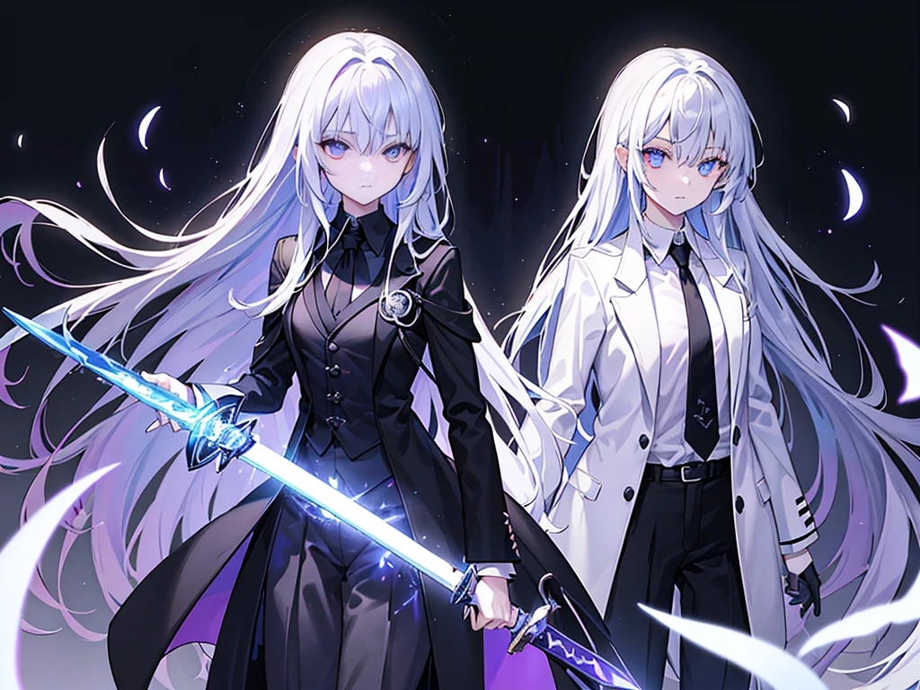 Wearing Darkness、1 personの女の子、White long hair、Purple left eye、blue right eye、wields the sword of darkness、闇のaura、Black Light、Rainbow light、Black long coat、White shirt、Black tie、Long trousers、suit、、1 person、Fantasy、aura、whole body、(high resolution)、(High resolution)、(Detailed)、8K、Many shining swords are stuck in it、cool、Girl、Magic Sword、Magic circle in the background、Scary face、Expressionless、Light comes out of the eyes、Standing in the wilderness with the sword piercing、Cool face、Left hand in pocket、