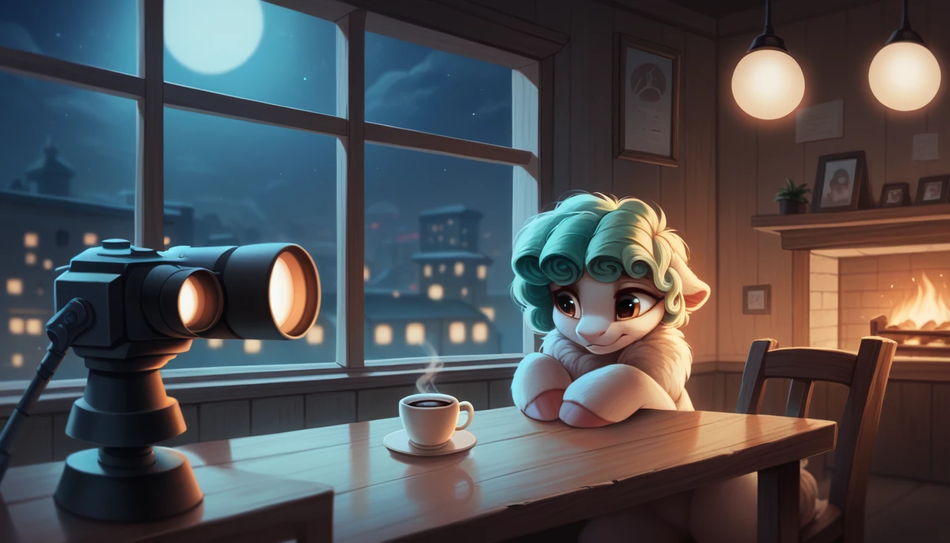 An atmospheric, cozy coffee shop at night with multiple wooden tables illuminated by warm, soft lighting. The focal point is a large, captivating window in the center of the room showcasing the city view. Adjacent to the window, a crackling fireplace adds a cozy ambiance, casting a gentle glow throughout the space