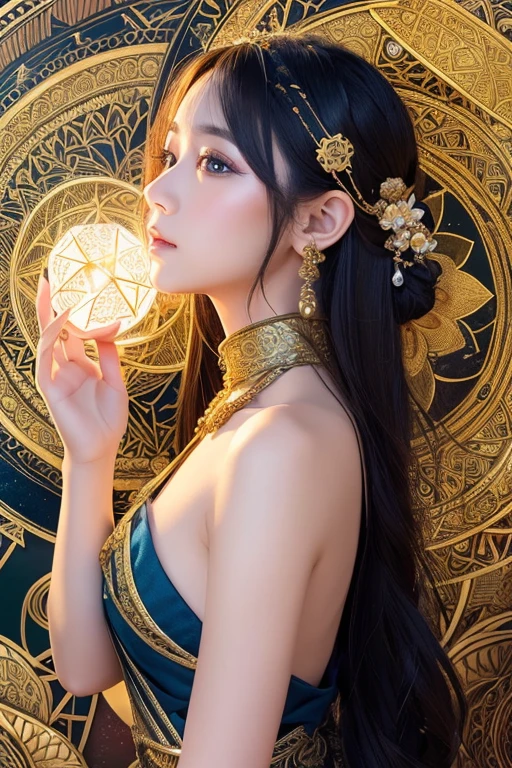 (masterpiece, Highest quality, Highest quality, Official Art, beautiful and aesthetic:1.2), (One girl), Very detailed,colorful,Most detailed, Official Art, unity 8k wallpaper, Super detailed, beautiful and aesthetic, beautiful, masterpiece, Highest quality, (zenTangle, Mandala, Tangle, enTangle) 、,Gold foil,Gold leaf art,Sparkly Painting, Perfect NwsjMajic、Has a large crystal、Amaterasu Omikami、(naked)、fortune teller、Love Advice、Golden Room、 information