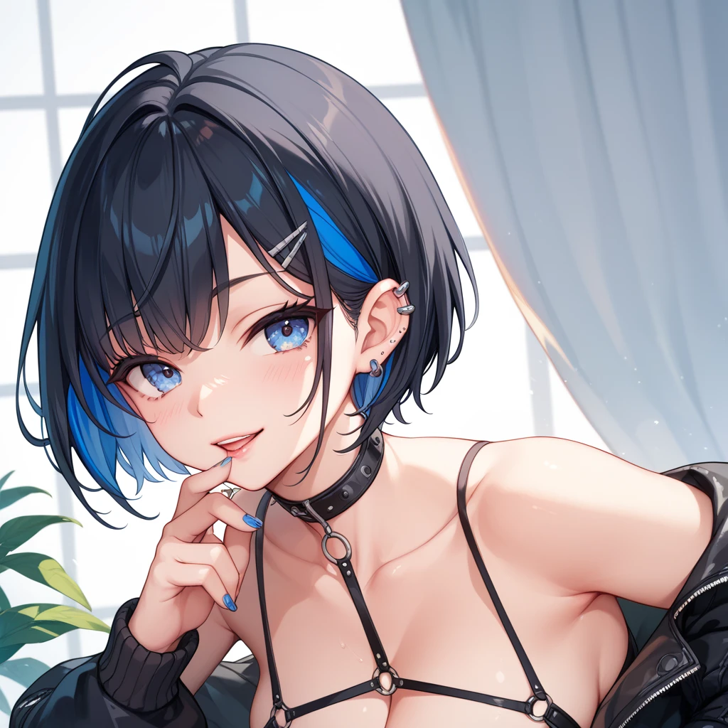 high quality,Black Hair、、short hair、Blue inner hair color mesh、Piercings in both ears、Neutral Facial Features、