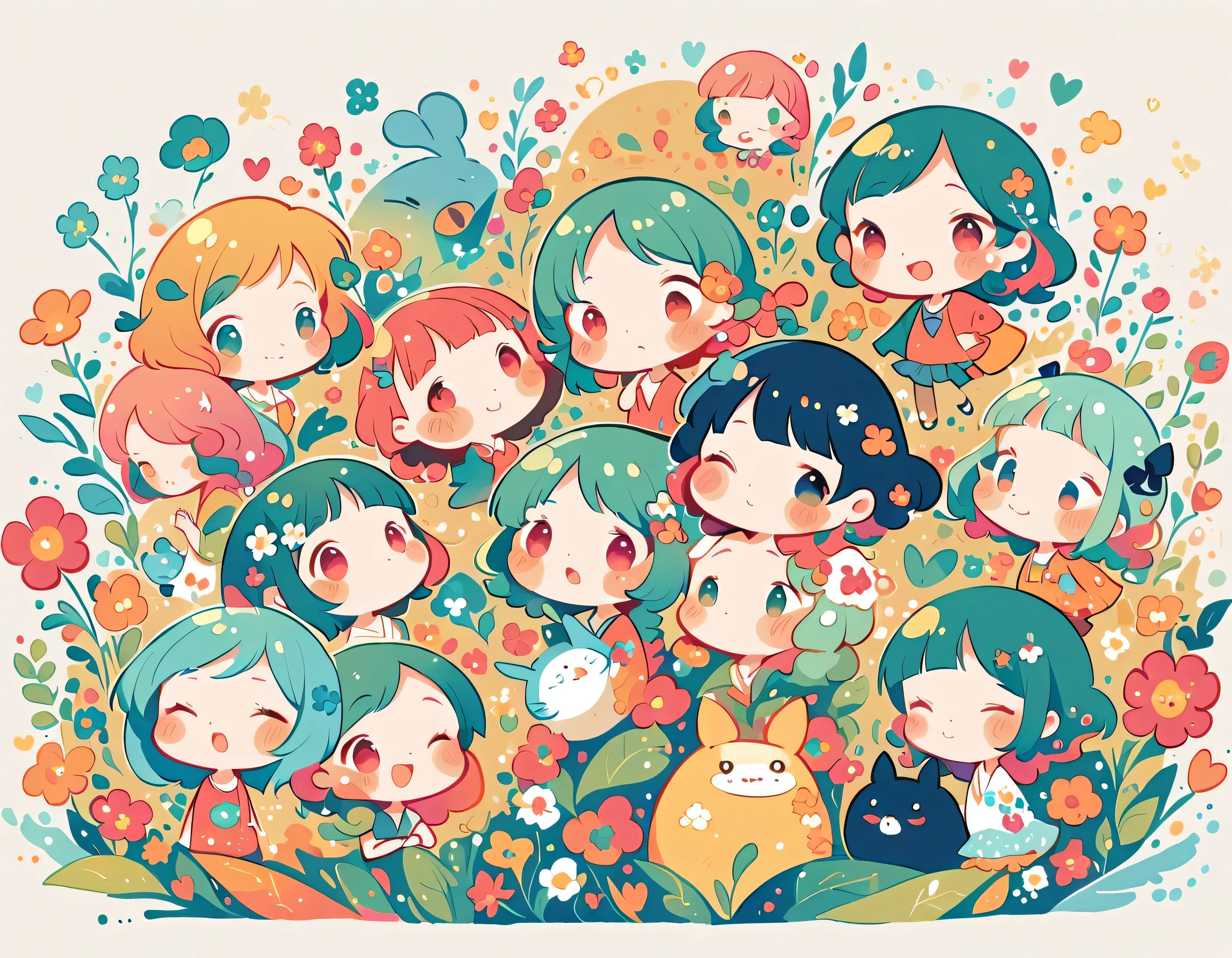 Watase Seizo style、The most beautiful girl of all time、Lips in Love、Colorful flowers、Simple line initials、Abstract art、(((chibi))), Colorful and cute alien, Totoro Forest