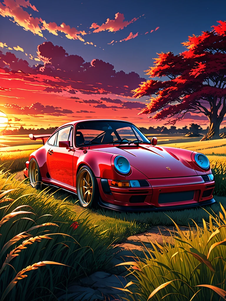 anime landscape of A pearl vivid red classic Porsche 911 GT3 sits in a field of tall grass with a sunset in the background.beautiful anime scene, beautiful anime peace scene, Makoto Shinkai Cyril Rolando, beautiful anime scene, amazing wallpaper, anime art wallpaper 8k, anime background, artistic anime background, anime wallpaper 4k, anime art 4k wallpaper, anime wallpaper art 4k,