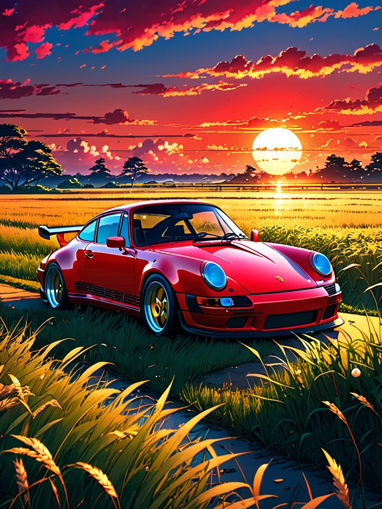 anime landscape of A pearl vivid red classic Porsche 911 GT3 sits in a field of tall grass with a sunset in the background.beautiful anime scene, beautiful anime peace scene, Makoto Shinkai Cyril Rolando, beautiful anime scene, amazing wallpaper, anime art wallpaper 8k, anime background, artistic anime background, anime wallpaper 4k, anime art 4k wallpaper, anime wallpaper art 4k,