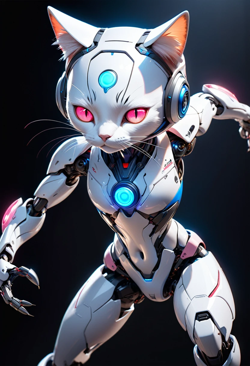 a highly detailed, realistic, 3d cg concept art of a stylish robot cat, a round head with no ears, glowing red eyes, slim and stylish body, blue and white two-tone color, white face, abdomen and legs, one hand holding a slim pink flashlight-like weapon emitting an eerie blue light, black background, cinematic lighting, ultra-fine painting, physically based rendering, masterpiece, best quality, 16k, ultra super fine view, ultra detailed