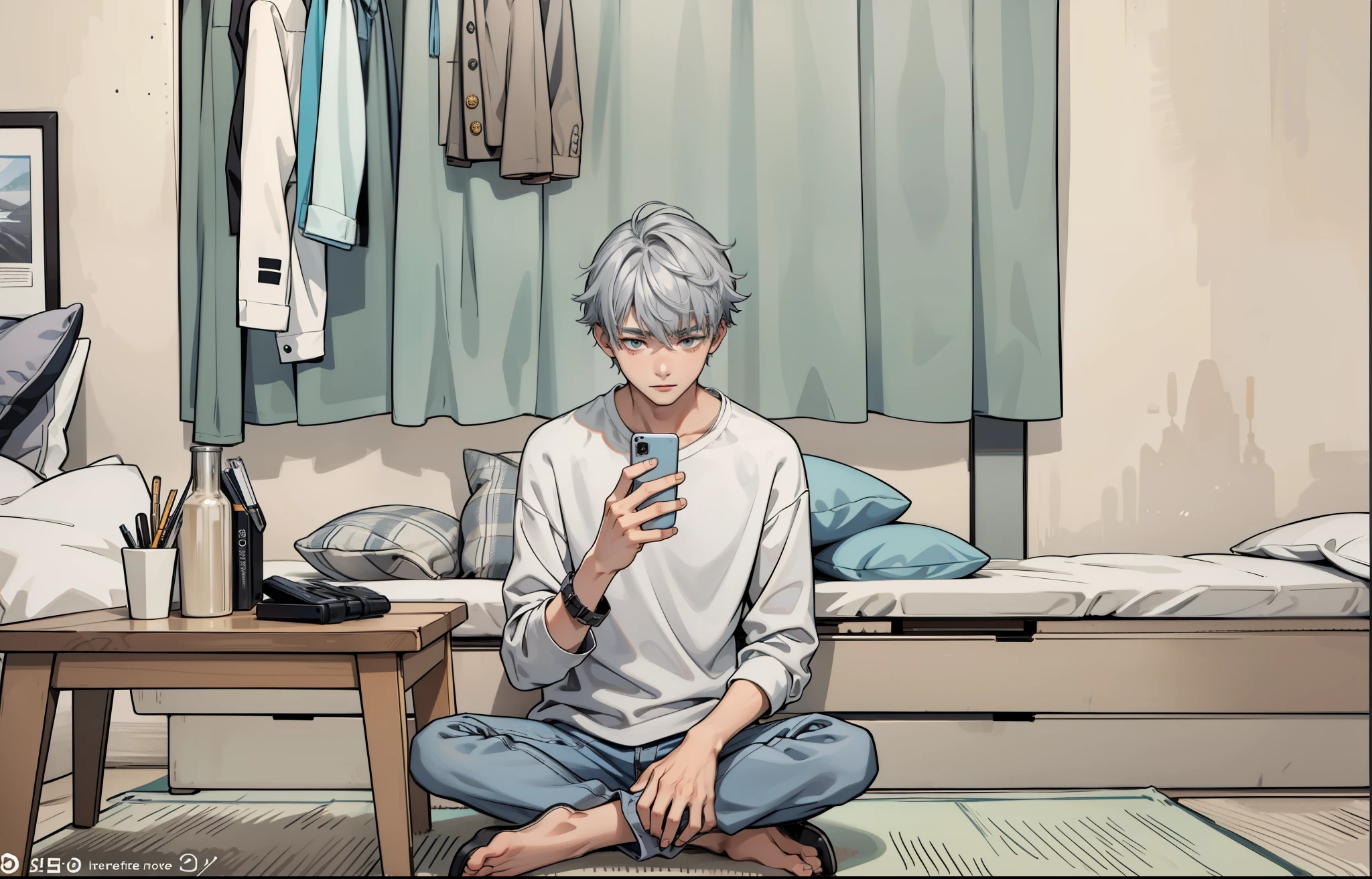 a young man of 17 years old with gray hair is looking at his hands he has a cell phone
