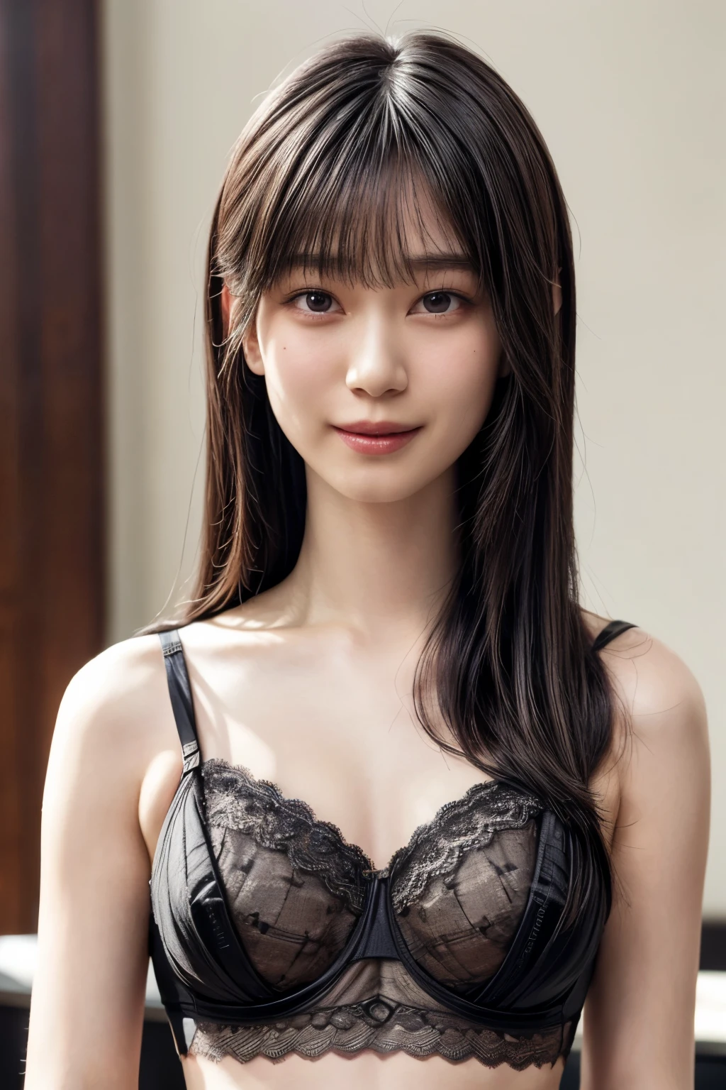 (realistic, photo-realistic:1.4), (masterpiece, best quality:1.2), RAW photo, high resolution, intricate details, extremely detailed, realistic and sharp details, cinematic lighting, portrait, frontal photography, solo, 1girl, a 19 years old Japanese woman, dark hair, (straight hair, blunt bangs), slender body, smaller face, detailed face, detailed eyes, sophisticated nose, pale skin, collarbone, small breasts, flat chest, cheerful grin, smile, parted lips, (black bra, lace bra, thong, midriff:1.5), photo background, indoors,,,[Shizuki Yamashita, Sakurazaka46]