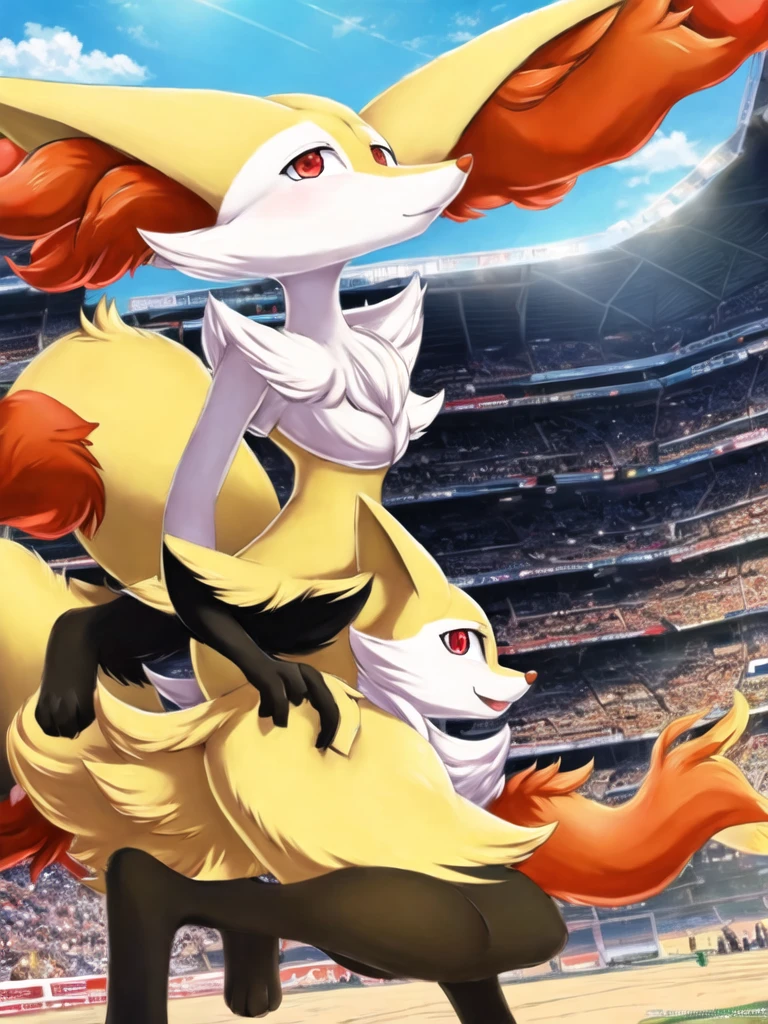 anime, 1girl, masterpiece, best quality, braixen, pokemon, yellow fox, detailed, short muzzle, fluff ears, [red eyes], detailed eyes, outside, stadium, running, daylight, anatomically co