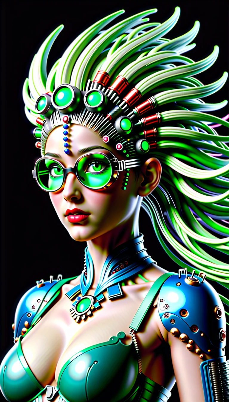 Un portrait hyperréaliste d’une sublime femme heureuse aux longs cheveux vert sombre foncé, portant une robe en dentelle blanche avec des accessoires steampunk, (elle porte des lunettes formées d'éléments circuitrytech : 1.8, ((lunettes de forme fractales avec un système complexe formé de loups et d’accessoires circuitrytech)),système très détaillé), cheveux_très_longs, situé dans une pièce de style victorien avec des éléments mécaniques, poitrine décolletée effet push-up , regard intense et sensuel 