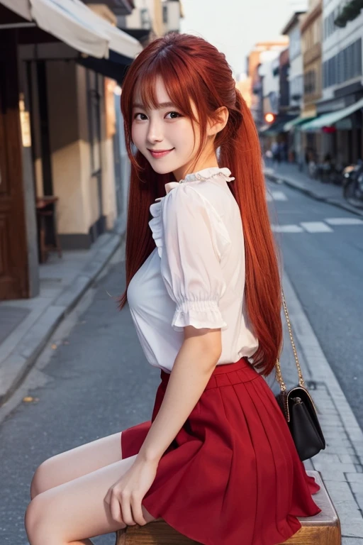 Top quality, 1 beautiful woman, Long Hair, red hair, Lower ponytail, frill skirt, shy-smile, Sunlight, at street, Blouse, Moonlight, Cowboy Shot, sitting,cafe, photo realistic, realistic shadow, an extremely delicate and beautiful, high quality skin, prompt(incantation) DescriptionBig breasts,